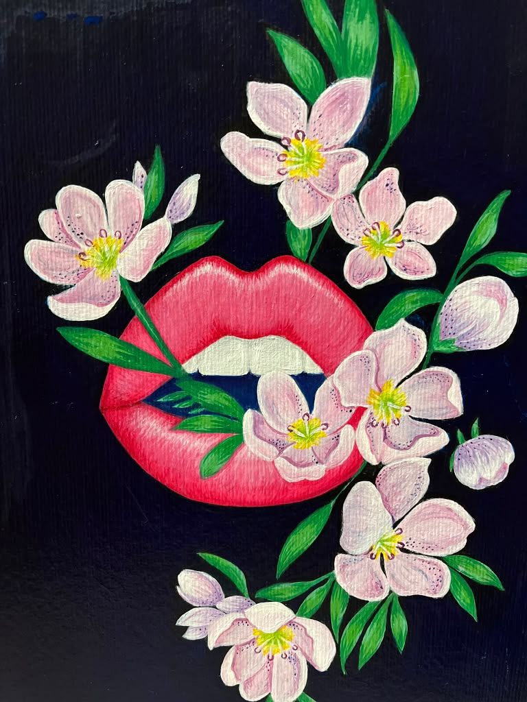 Painting of bold red lips biting a green leaf, surrounded by pink and white cherry blossoms on a black background