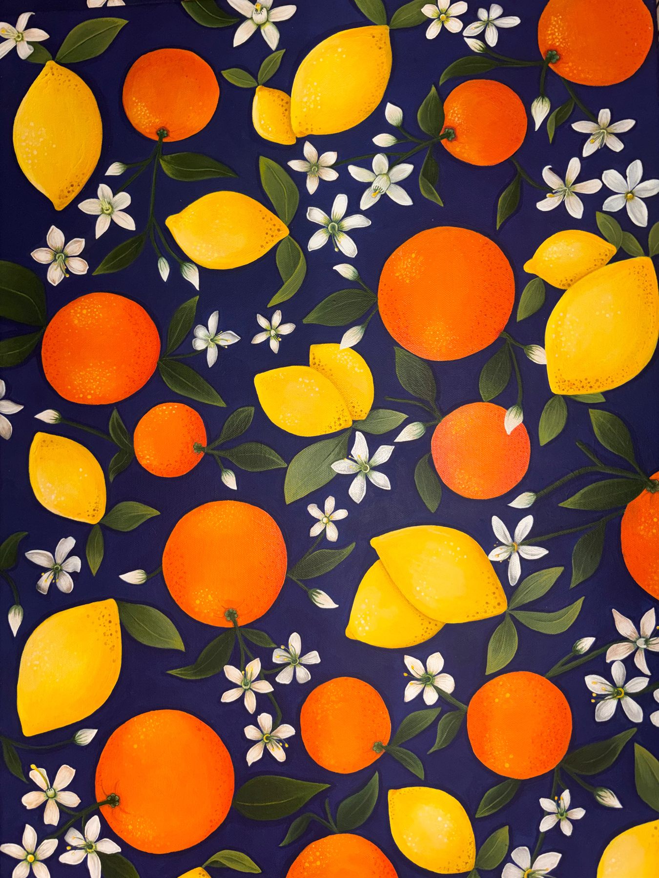 Acrylic painting of lemons, oranges, and white orange blossoms scattered across a deep navy background