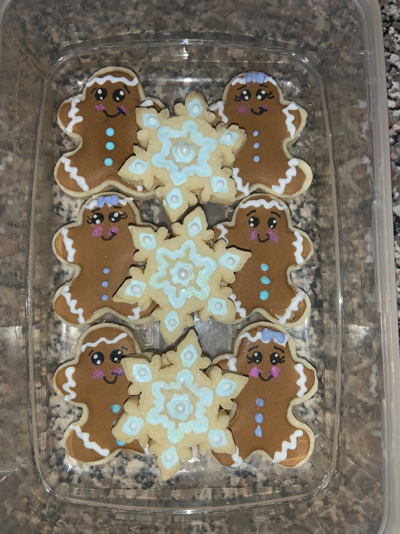 Gingerbread people with piped faces and icing trim alternating with pale blue iced snowflake cookies